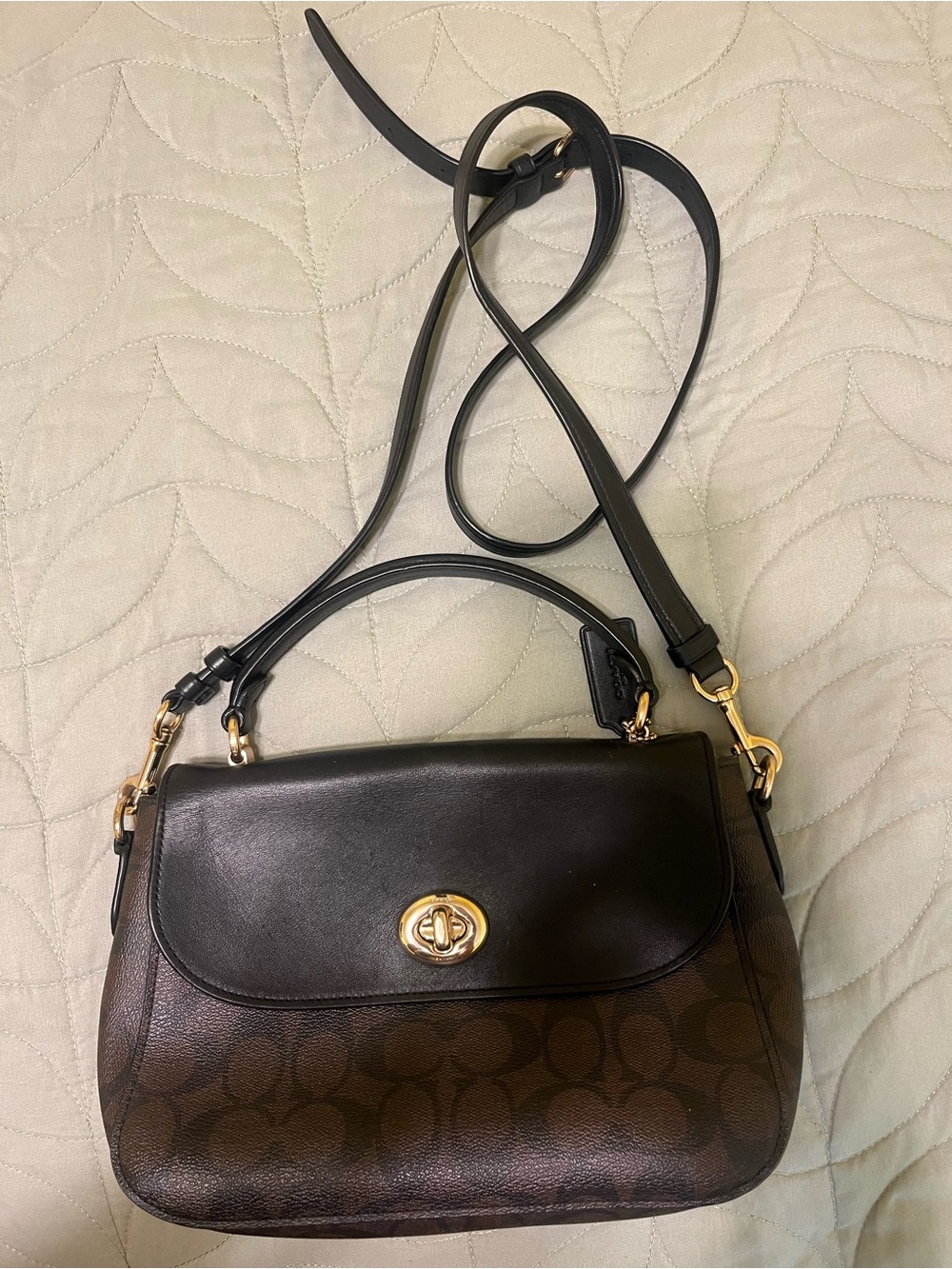 Coach Brown and Black Signature Crossbody Bag with Gold Hardware